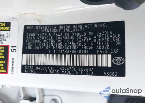2022 Toyota Camry Le from USA, damaged, VIN 4T1C11AK8NU658404